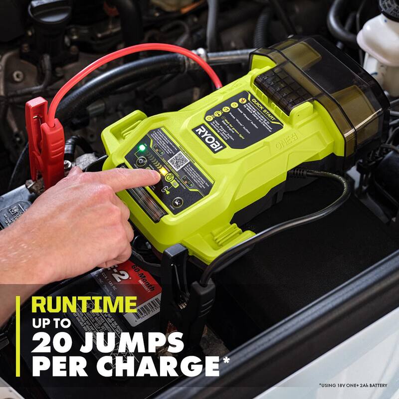 RYOBI ONE+ 18V Cordless 1600A Jump Starter with LED Work Light Kit with 2.0 Ah Battery and Charger - P7110