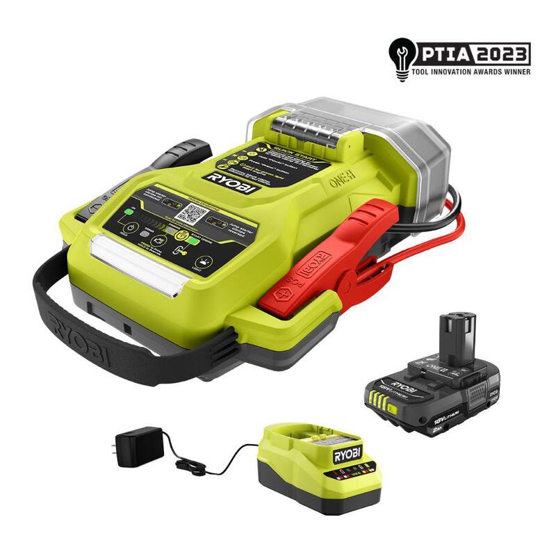 RYOBI ONE+ 18V Cordless 1600A Jump Starter with LED Work Light Kit with 2.0 Ah Battery and Charger - P7110