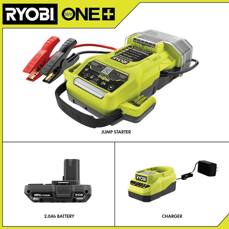 RYOBI ONE+ 18V Cordless 1600A Jump Starter with LED Work Light Kit with 2.0 Ah Battery and Charger - P7110