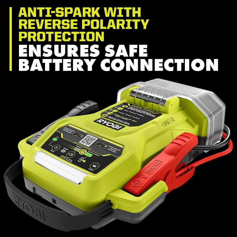 RYOBI ONE+ 18V Cordless 1600A Jump Starter with LED Work Light Kit with 2.0 Ah Battery and Charger - P7110