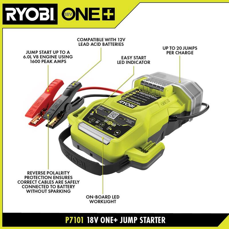 RYOBI ONE+ 18V Cordless 1600A Jump Starter with LED Work Light (Tool Only) - P7101A