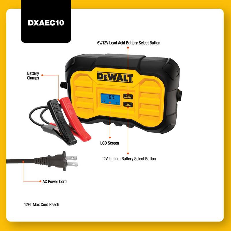 DEWALT Professional 10 Amp Battery Charger, Battery Maintainer, Battery Trickle Charger - DXAEC10