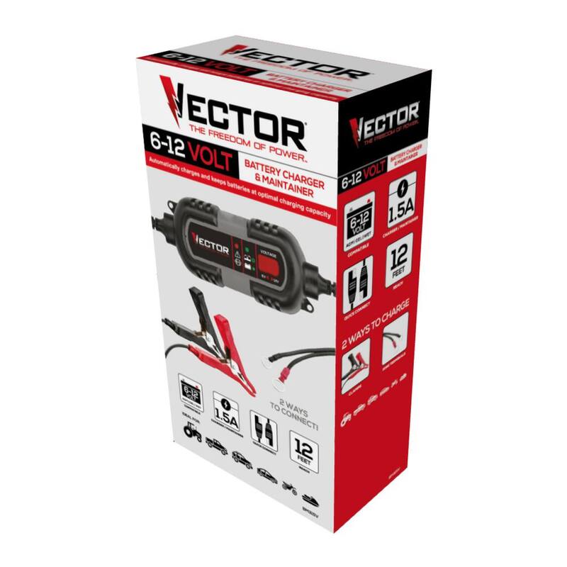 VECTOR 1.5 Amp Battery Charger, Battery Maintainer, Trickle Charger, 6V and 12V, Fully Automatic - BM315V