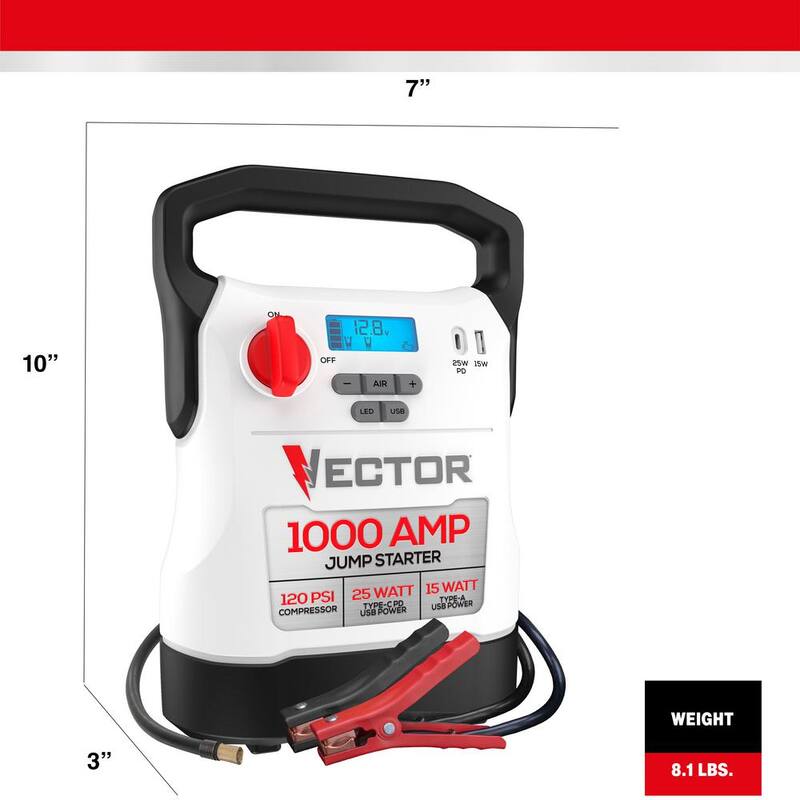 VECTOR 1000 Amp Jump Starter, Compressor, USB Power - VECJ1C