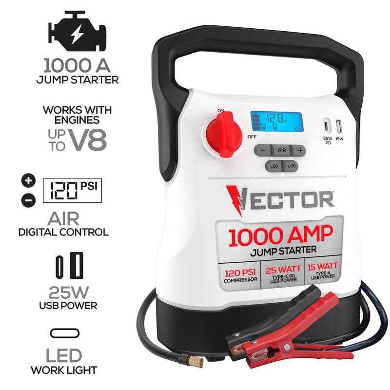 VECTOR 1000 Amp Jump Starter, Compressor, USB Power - VECJ1C