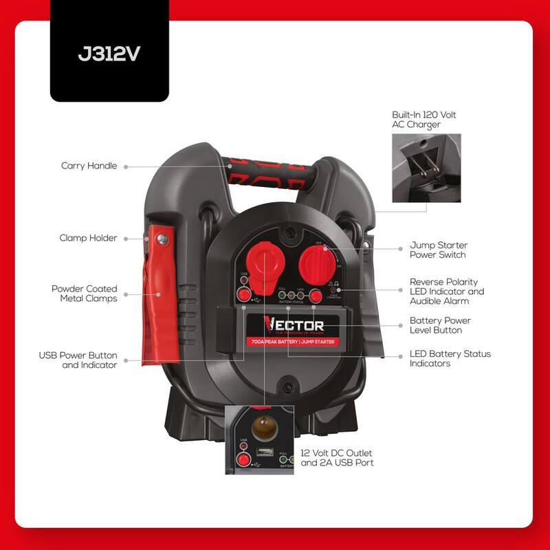 VECTOR 700 Peak Amp Automotive Jump Starter, Portable Power - 10W USB Port, 12V DC Port - J312V