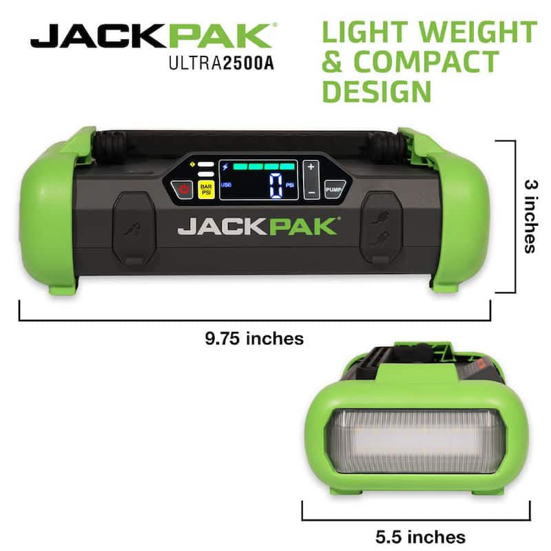 JACKPAK 150 PSI 2,500 Amp Ultra Multi-function 4-in-1 Jump Starter, Air Compressor, Flashlight, and Portable Charger - 5180050