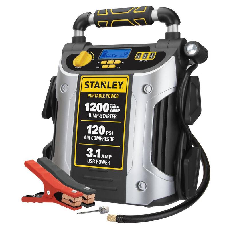 Stanley 1200 Peak Amp Automotive Jump Starter, Portable Power - 2.1A/10W USB Port, 120 PSI Air Compressor - J5C09D