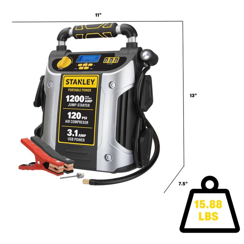 Stanley 1200 Peak Amp Automotive Jump Starter, Portable Power - 2.1A/10W USB Port, 120 PSI Air Compressor - J5C09D