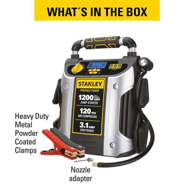 Stanley 1200 Peak Amp Automotive Jump Starter, Portable Power - 2.1A/10W USB Port, 120 PSI Air Compressor - J5C09D