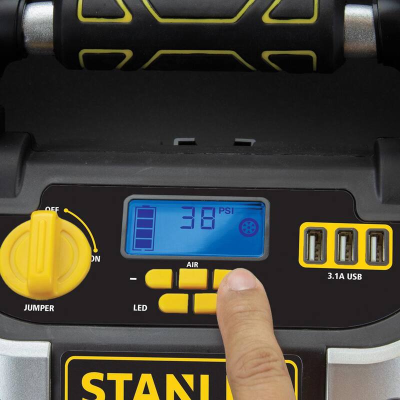 Stanley 1200 Peak Amp Automotive Jump Starter, Portable Power - 2.1A/10W USB Port, 120 PSI Air Compressor - J5C09D