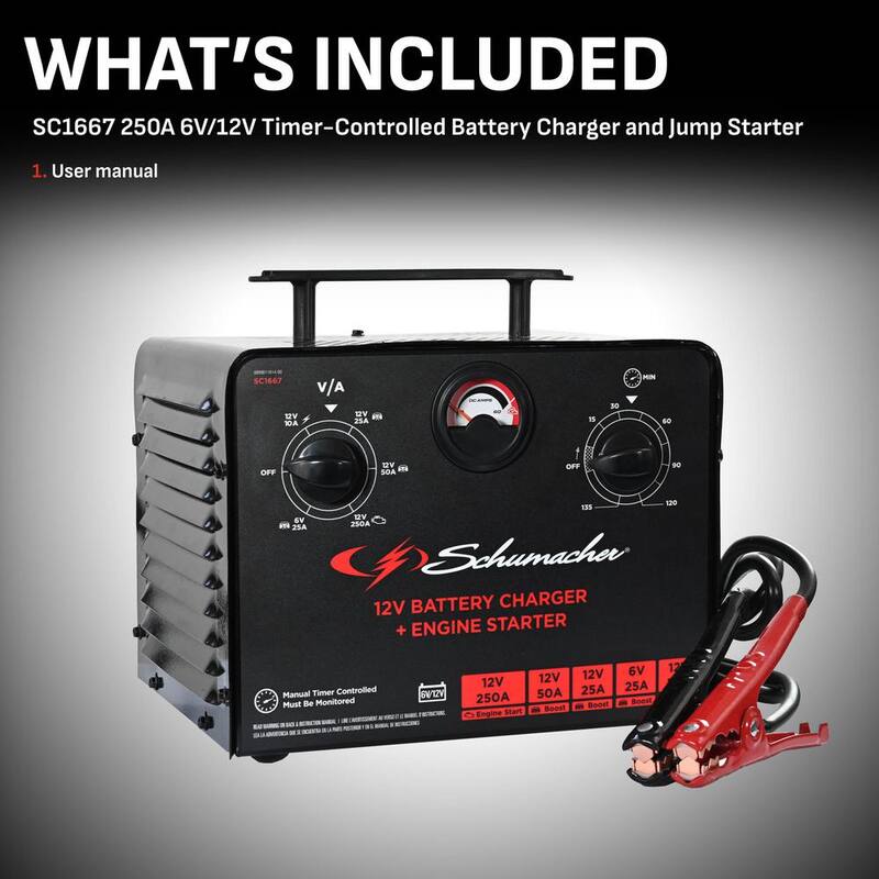 Schumacher Electric Automotive 6 Volt, 12 Volt, 250 Amp Manual Timer Controlled Battery Charger and Jump Starter with 135 Minute Timer - SC1667
