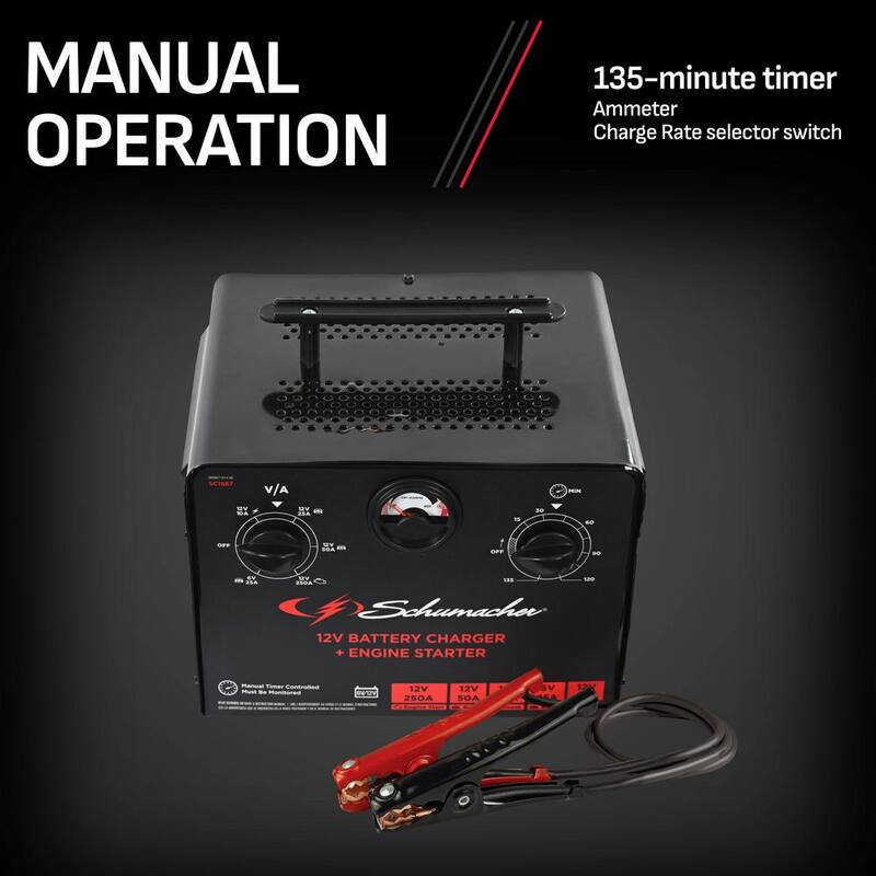 Schumacher Electric Automotive 6 Volt, 12 Volt, 250 Amp Manual Timer Controlled Battery Charger and Jump Starter with 135 Minute Timer - SC1667