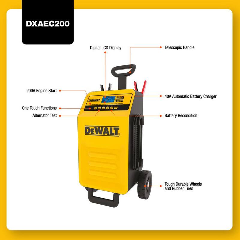 DEWALT Professional Rolling 40 Amp Battery Charger, 3 Amp Maintainer with 200 Amp Engine Start - DXAEC200