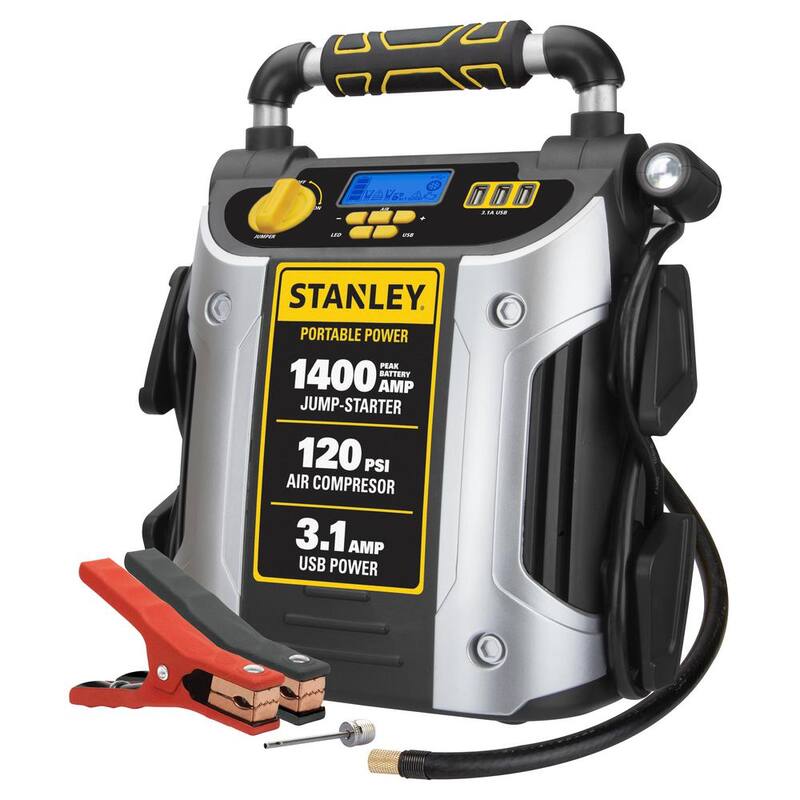 Stanley 1400 Peak Amp Automotive Jump Starter, Portable Power - Triple 15W USB Ports, 120 PSI Air Compressor - J7C09D