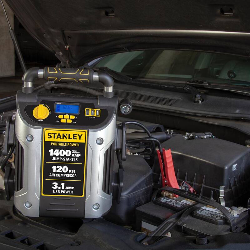 Stanley 1400 Peak Amp Automotive Jump Starter, Portable Power - Triple 15W USB Ports, 120 PSI Air Compressor - J7C09D