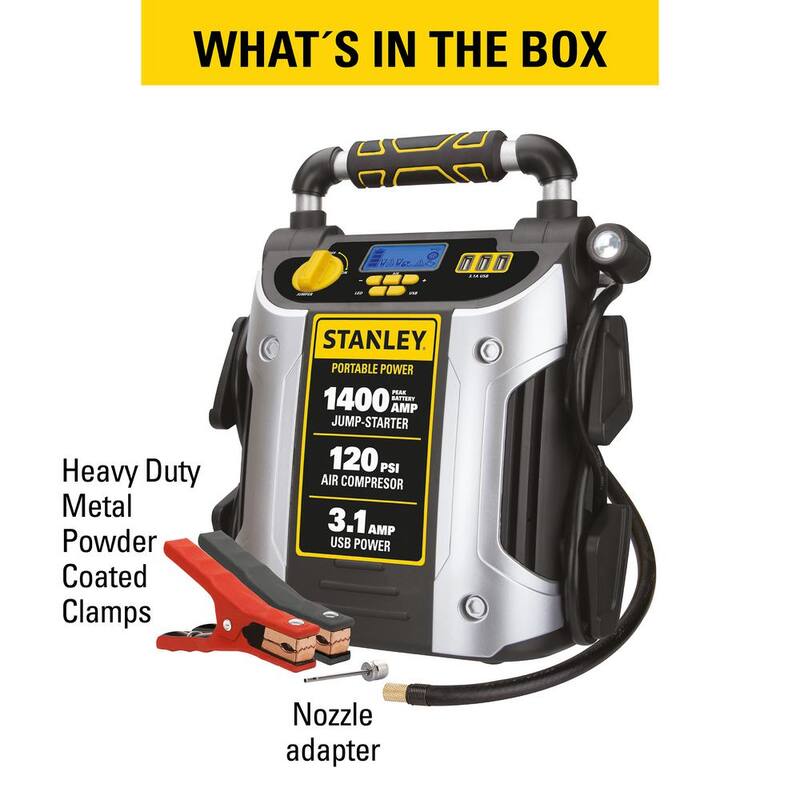 Stanley 1400 Peak Amp Automotive Jump Starter, Portable Power - Triple 15W USB Ports, 120 PSI Air Compressor - J7C09D