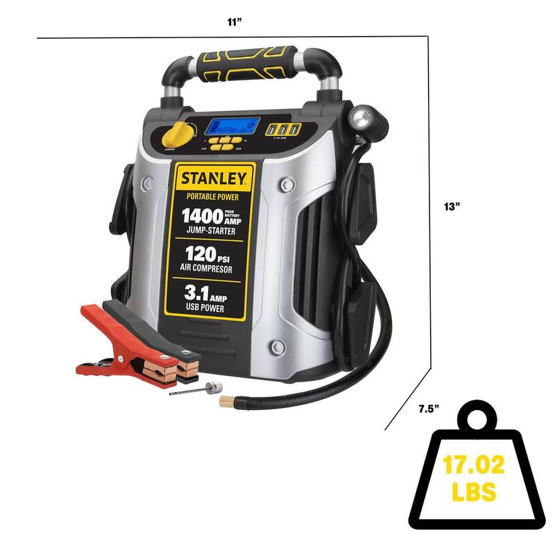Stanley 1400 Peak Amp Automotive Jump Starter, Portable Power - Triple 15W USB Ports, 120 PSI Air Compressor - J7C09D