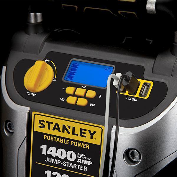 Stanley 1400 Peak Amp Automotive Jump Starter, Portable Power - Triple 15W USB Ports, 120 PSI Air Compressor - J7C09D