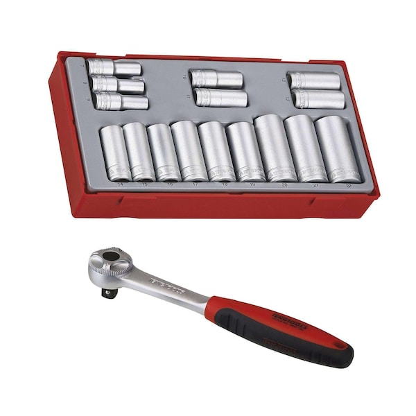 Teng Tools 3/8" 16 Piece 6 Point 7 to 22mm Deep Sockets and 72 Teeth Ratchet Set - socketratchetbundle