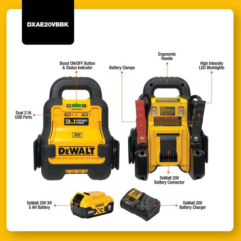 DEWALT Battery Booster Combo Pack Compatible With 20V XR 5 AH Lithium-Ion Battery, includes 5AH Battery and Charger - DXAE20VBBK