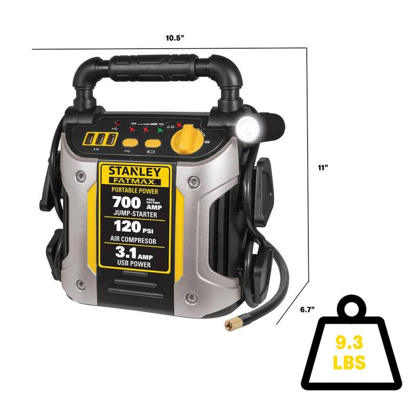 Stanley 700 Peak Amp Automotive Jump Starter, Portable Power - Triple 15W USB Ports, 120 PSI Air Compressor - J7CS