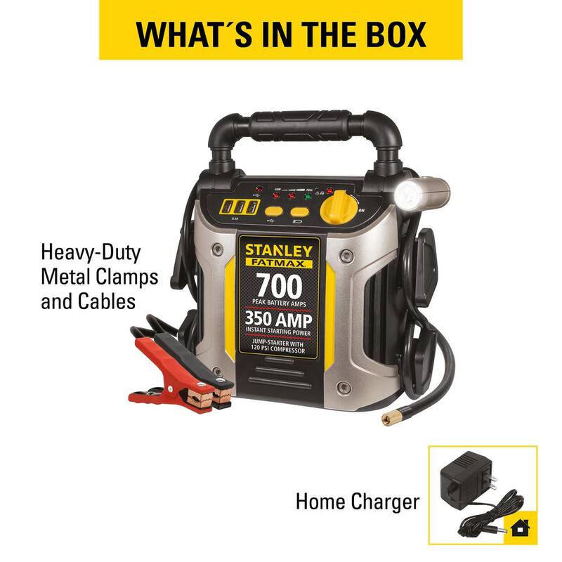 Stanley 700 Peak Amp Automotive Jump Starter, Portable Power - Triple 15W USB Ports, 120 PSI Air Compressor - J7CS