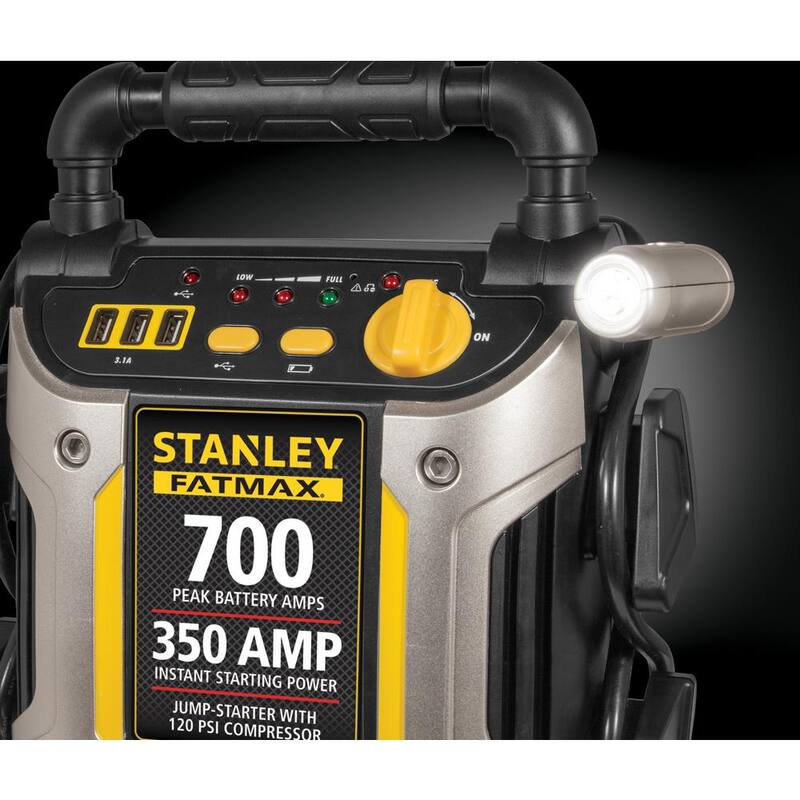 Stanley 700 Peak Amp Automotive Jump Starter, Portable Power - Triple 15W USB Ports, 120 PSI Air Compressor - J7CS