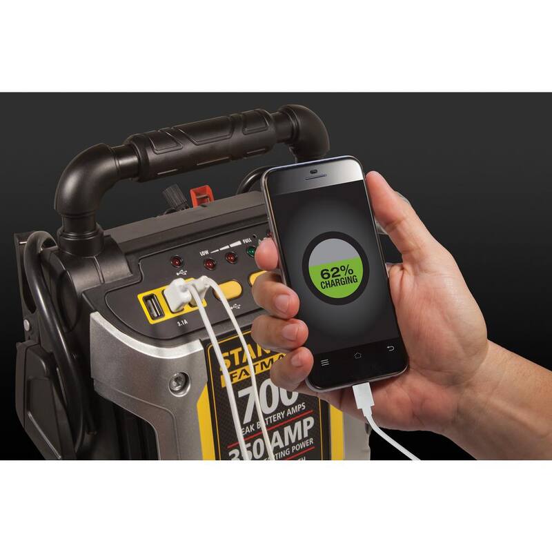 Stanley 700 Peak Amp Automotive Jump Starter, Portable Power - Triple 15W USB Ports, 120 PSI Air Compressor - J7CS
