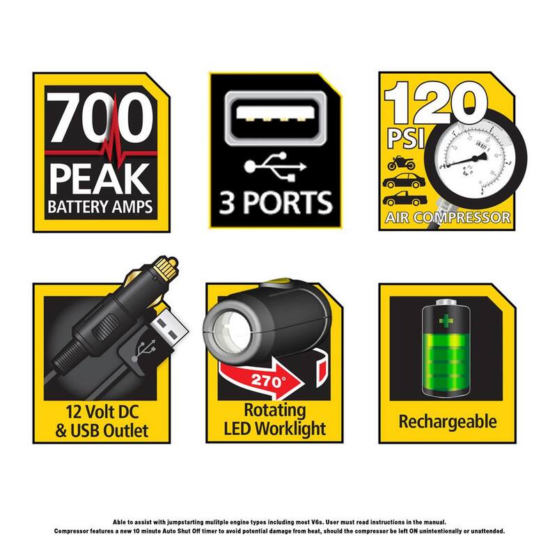 Stanley 700 Peak Amp Automotive Jump Starter, Portable Power - Triple 15W USB Ports, 120 PSI Air Compressor - J7CS