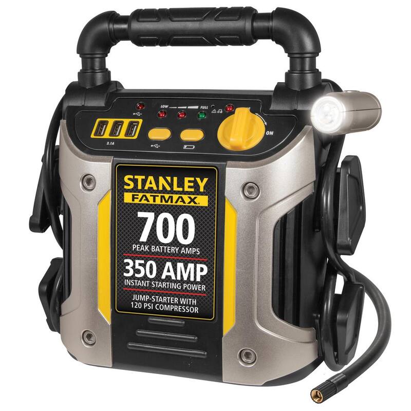 Stanley 700 Peak Amp Automotive Jump Starter, Portable Power - Triple 15W USB Ports, 120 PSI Air Compressor - J7CS