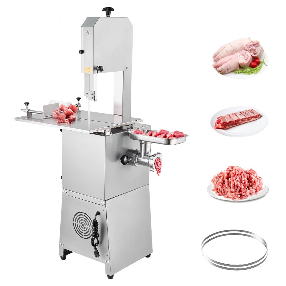 VEVOR Commercial Electric Meat Bandsaw, 850W Stainless Steel Vertical Bone Sawing Machine, Workbeach 23.6" x 18.3", 0.16-9.1 Inch Cutting Thickness, Frozen Meat Cutter with 2 Blades for Rib Pork Beef - JGJRJ850W42609QR8V1