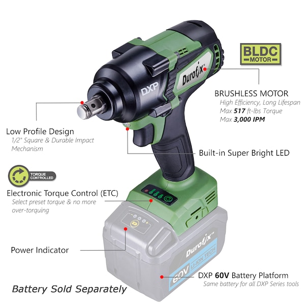 Durofix DXP 60V 1/2" BLDC Impact Wrench, 3-Stage, 517 ft-lbs, Tool Only - RI60166A1T