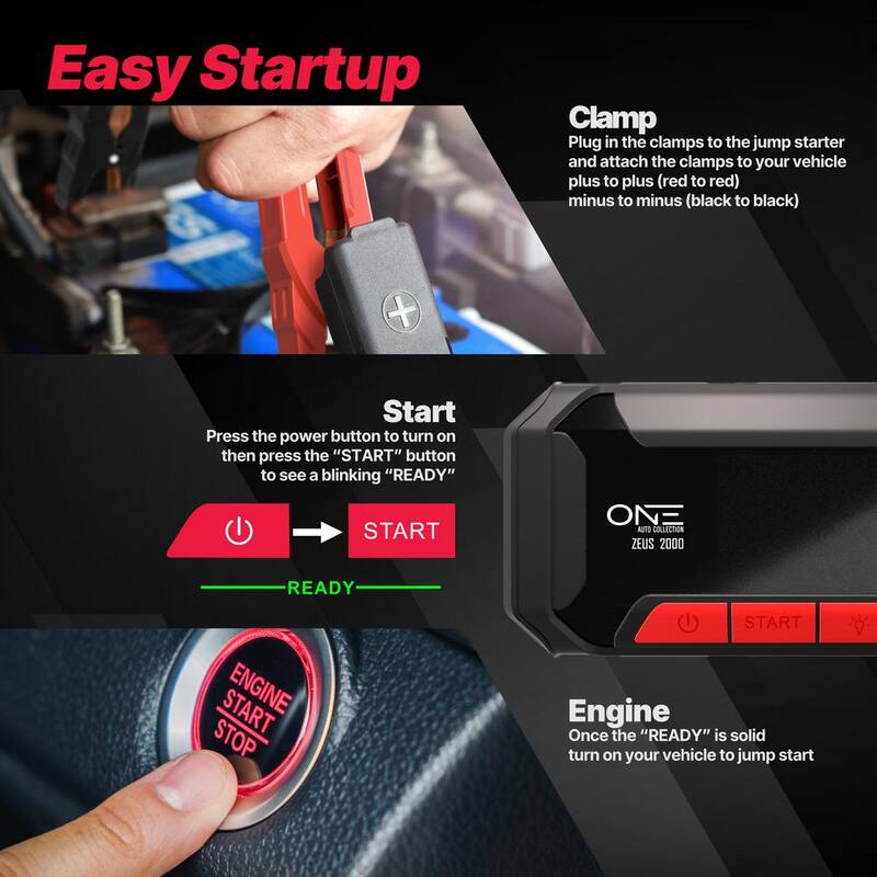 One Smart Consumer Electronics Gear 2000A 12V Portable Jump Starter, Up to 8.5L Gas and 6L Diesel Engines, Built-In 20000 mAh USB Power Bank, with Hard Case - OAJS-2001