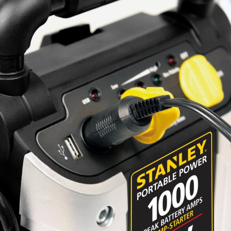 Stanley 1000 Peak Amp Automotive Jump Starter, Portable Power - 2.1A/10W USB Port, 12V outlet, 120 PSI Air Compressor - J5C09