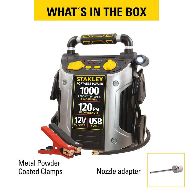 Stanley 1000 Peak Amp Automotive Jump Starter, Portable Power - 2.1A/10W USB Port, 12V outlet, 120 PSI Air Compressor - J5C09