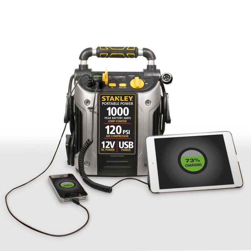Stanley 1000 Peak Amp Automotive Jump Starter, Portable Power - 2.1A/10W USB Port, 12V outlet, 120 PSI Air Compressor - J5C09