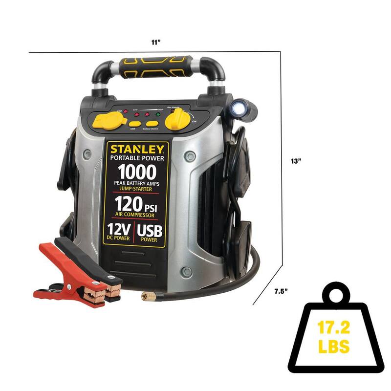 Stanley 1000 Peak Amp Automotive Jump Starter, Portable Power - 2.1A/10W USB Port, 12V outlet, 120 PSI Air Compressor - J5C09