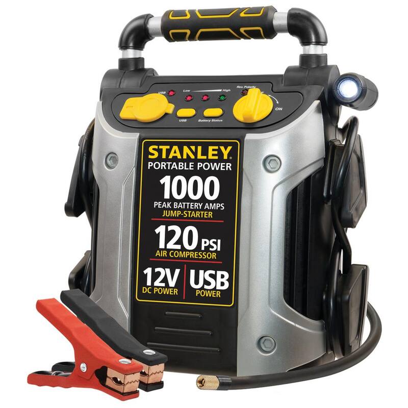 Stanley 1000 Peak Amp Automotive Jump Starter, Portable Power - 2.1A/10W USB Port, 12V outlet, 120 PSI Air Compressor - J5C09