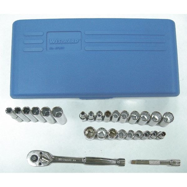 Westward 1/4" Drive Socket Wrench Set SAE, Metric 27 Pieces 3/16 in to 1/2 in, 7 mm to 13 mm , Chrome - 4LXC2
