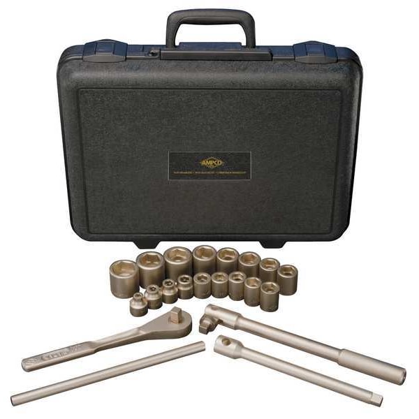 Ampco Safety Tools 1/2" Drive Socket Set SAE 21 Pieces 5/16 in to 1 1/4 in , Beryllium Copper Alloy Plated - W-260