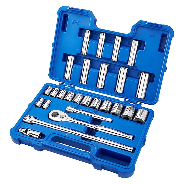 Westward 1/2" Drive Socket Wrench Set SAE 26 Pieces 7/16 in to 1 1/4 in , Chrome - 4LWZ8