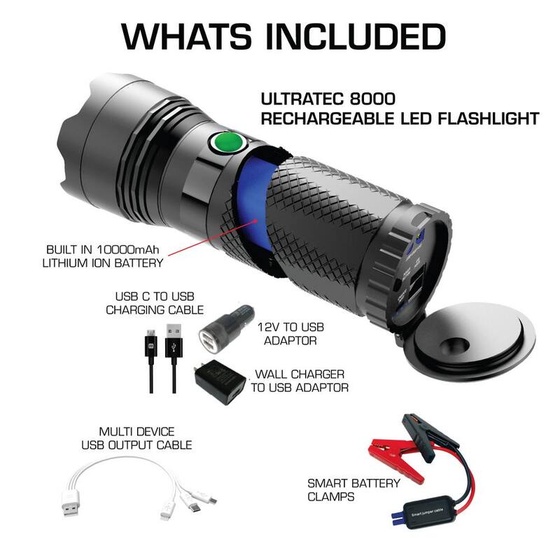 Smartech Products 8000 Lumen Rechargeable Flashlight with 10000 mAH Jump Starter and Power Bank - ULTRATECH-8000