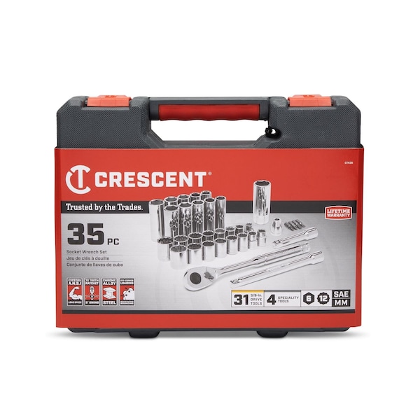 Weller Crescent 3/8 in. drive Metric and SAE 6 and 12 Point Socket Wrench Set 35 pc - CTK35