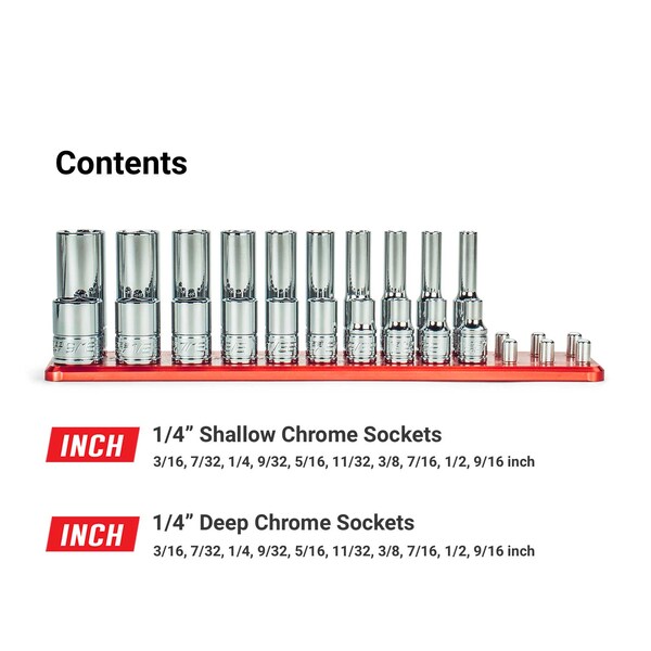 Capri Tools 1/4in. Drive Master Chrome Sockets Set, 6-Point, 3/16 9/16in., SAE, 20-Piece Billet Aluminum Socket Rail - CP12110-20SSDR