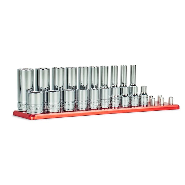 Capri Tools 1/4in. Drive Master Chrome Sockets Set, 6-Point, 3/16 9/16in., SAE, 20-Piece Billet Aluminum Socket Rail - CP12110-20SSDR