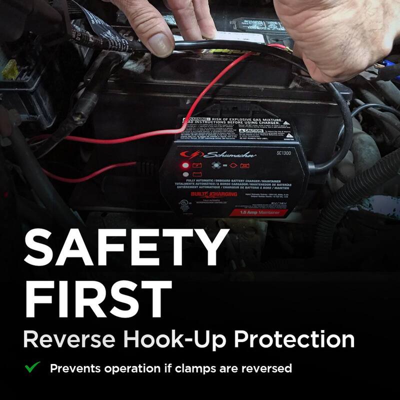 Schumacher Electric Automotive 6-Volt/12-Volt 1.5-Amp Fully Automatic Battery Maintainer with Reverse Hook-up Protection - SC1300