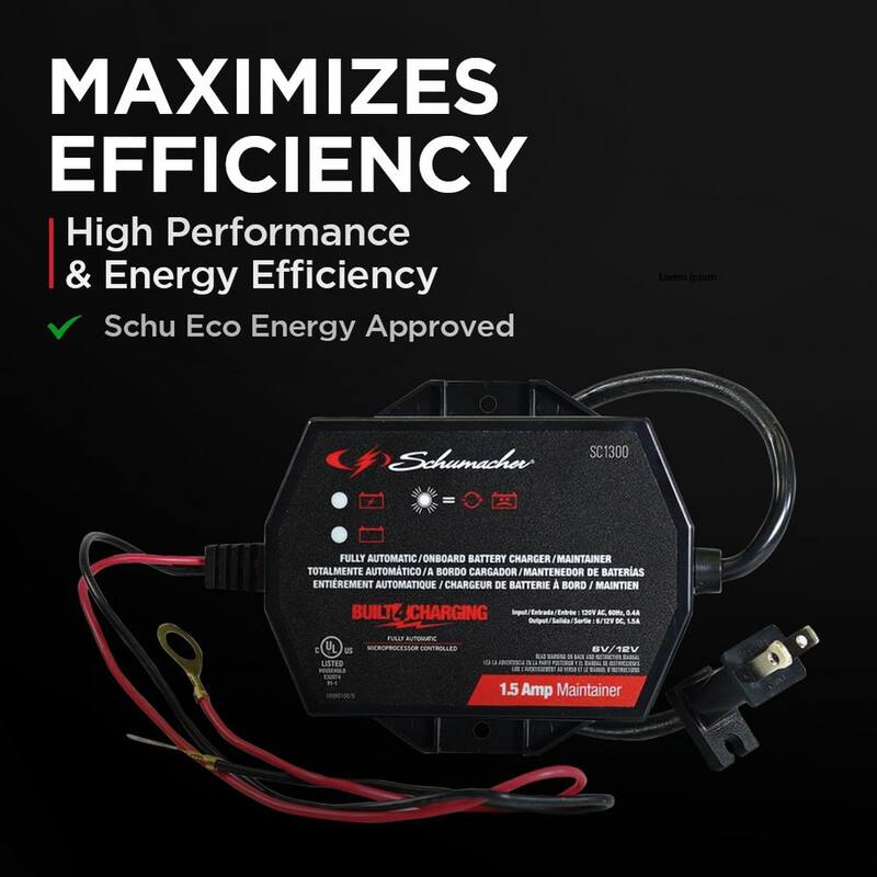 Schumacher Electric Automotive 6-Volt/12-Volt 1.5-Amp Fully Automatic Battery Maintainer with Reverse Hook-up Protection - SC1300