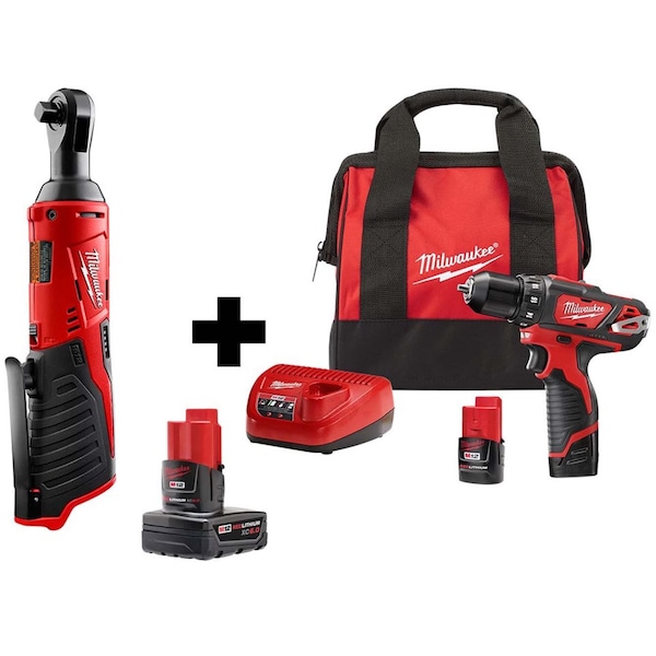Milwaukee Tool Cordless Ratchet, Drill/Driver, 6Ah/r Bat - 2457-20, 2407-22, 48-11-2460