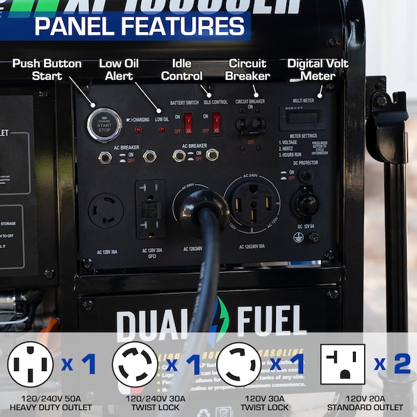 Duromax Portable Generator, Gasoline/Liquid Propane, 10,500 W/9,975 W Rated, 13,000 W/12,350 W Surge - XP13000EH